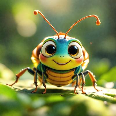 The primary subject of the image is a cartoon-like green and yellow insect, possibly a grasshopper or a dragonfly, with a smiling face. The insect is standing on a leaf, which serves as the setting or background of the image. The visual style of the image is digital art, as it appears to be a computer-generated or digitally illustrated creation. The colors and mood of the image are cheerful and lighthearted, with the green and yellow colors of the insect and the leaf creating a lively